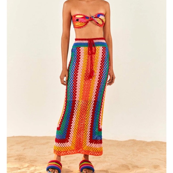 NWT FARM RIO Striped Scarf Crochet Midi Multicolor Skirt S - Picture 1 of 9